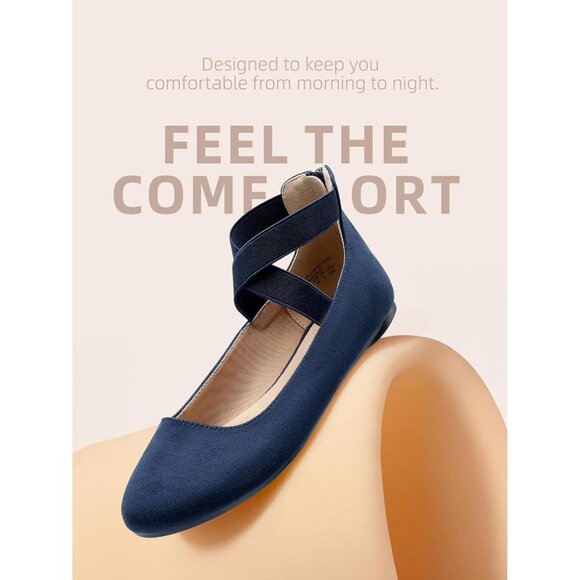 Dream Pairs Women Navy Faux Suede Flats Comfortable Elastic Ankle Straps Shoes - Picture 3 of 8